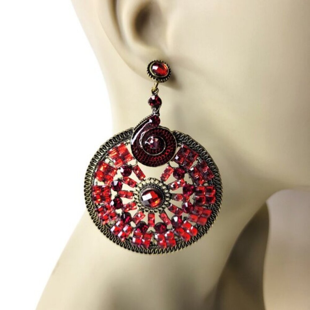 Red Rhinestone Circular Statement Earrings - image 8